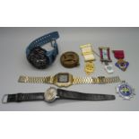 Three Masonic fobs including one silver, a Timex wristwatch, a compass, etc.