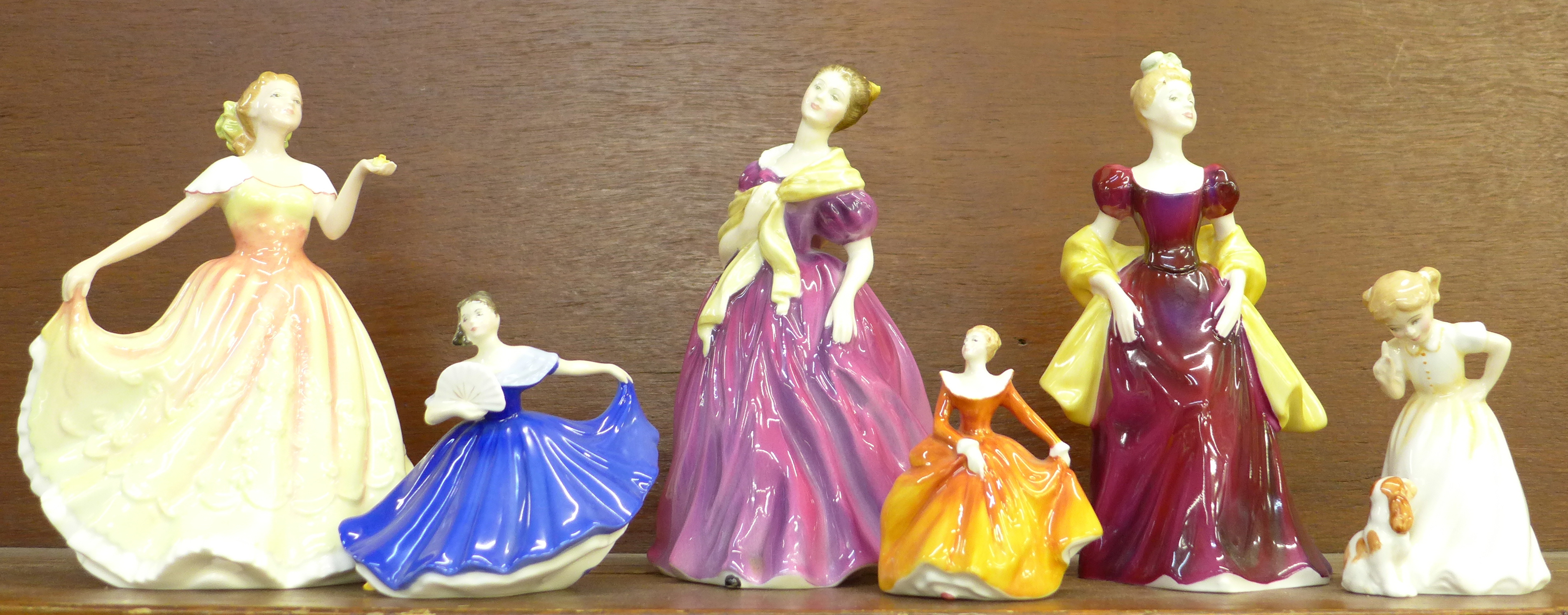 Six Royal Doulton figures; Loretta, Deborah, Adrienne, Elaine, Sit and Fragrance