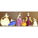 Six Royal Doulton figures; Loretta, Deborah, Adrienne, Elaine, Sit and Fragrance