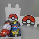 Six Pokemon TCG Pokeballs, (5 new sealed) 2020, each sealed tin contains 3 booster packs and