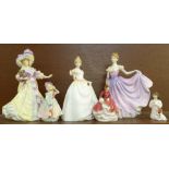 Six Royal Doulton figures; Lady Doulton 1995, signed, Gift of Love, Rachel, Emma, Babie and