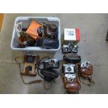 A collection of cameras including Minolta, a Canon AV-1, etc.