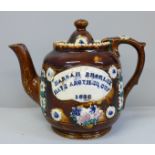 A bargeware teapot, Hannah Bromley 'Have Another Cup' 1880, lid a/f, possibly restored, height 15.
