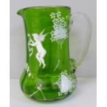 A Mary Gregory green glass jug, 18cm