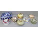 Seven trinket boxes and a paperweight