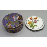 A silver compact with guilloche enamel and hand painted flowers and a cloisonne pot