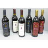 Six bottles; two Chapel Hill Australian red wine, Cabernet Sauvignon, two Shiraz and two Laraghys
