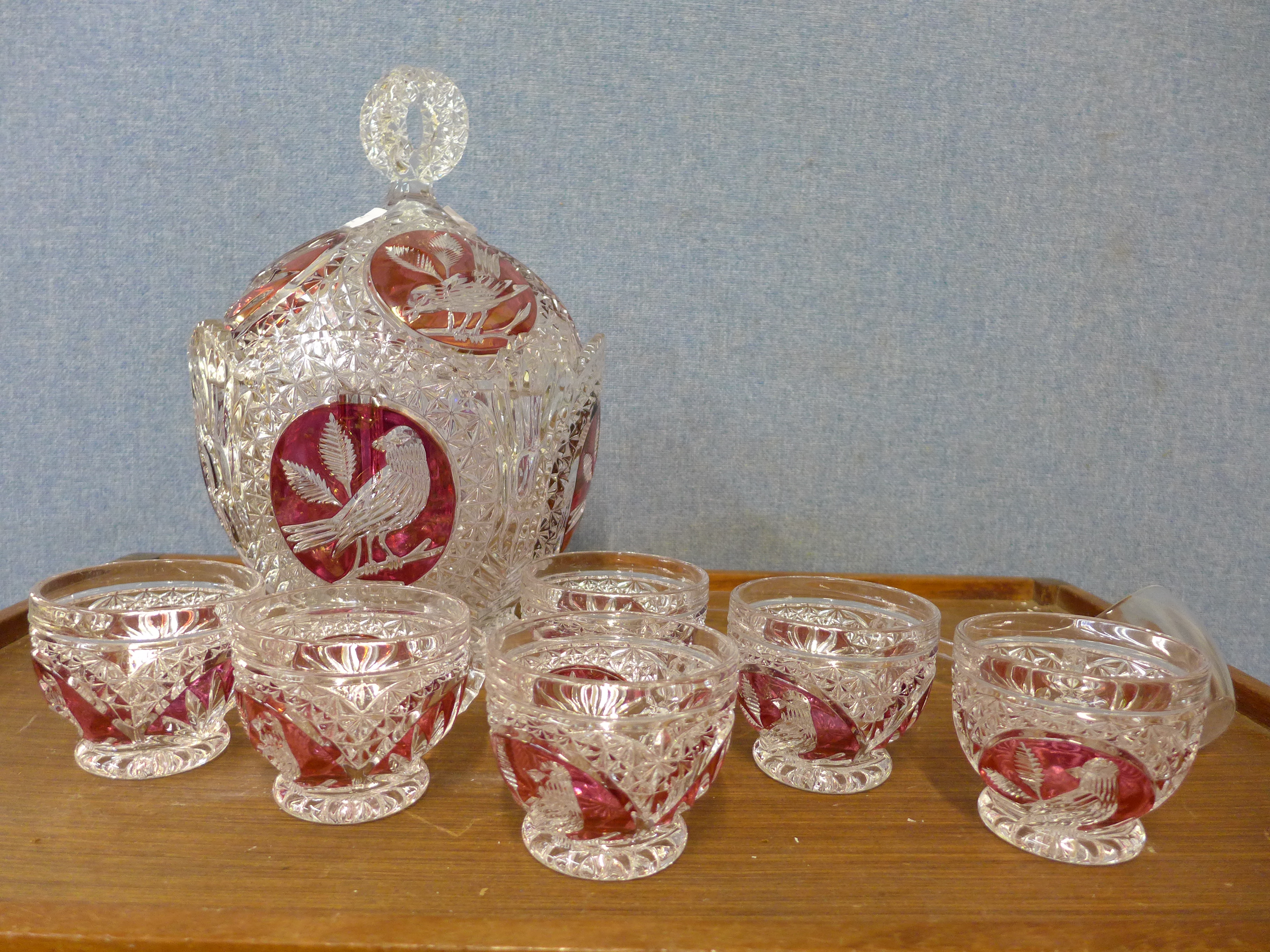 A Bohemian glass punch bowl and glasses