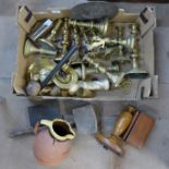 Assorted brass candlesticks, a pair of vases, etc.
