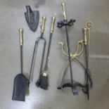 A set of fire irons and a flat iron **PLEASE NOTE THIS LOT IS NOT ELIGIBLE FOR POSTING AND PACKING**