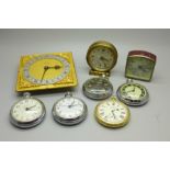 Five pocket watches, two miniature clocks including Junghans and a Swiss Imhof clock movement