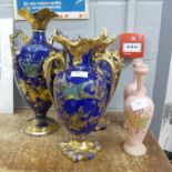 A pair of pink opaline glass vases, a pair of Royal blue and gilt vases and one other taller