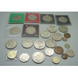 A collection of coins including £5 and £2 coins, Churchill crown, etc.