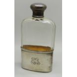 A silver and glass hip flask, London 1912, cup 36g