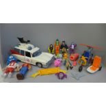 Ghostbusters toys; car, helicopter, figures of monsters, etc.
