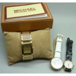 Three lady's wristwatches, Michael Kors, boxed, Harrods and Alfex