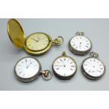 Three silver fob watches and two other watches