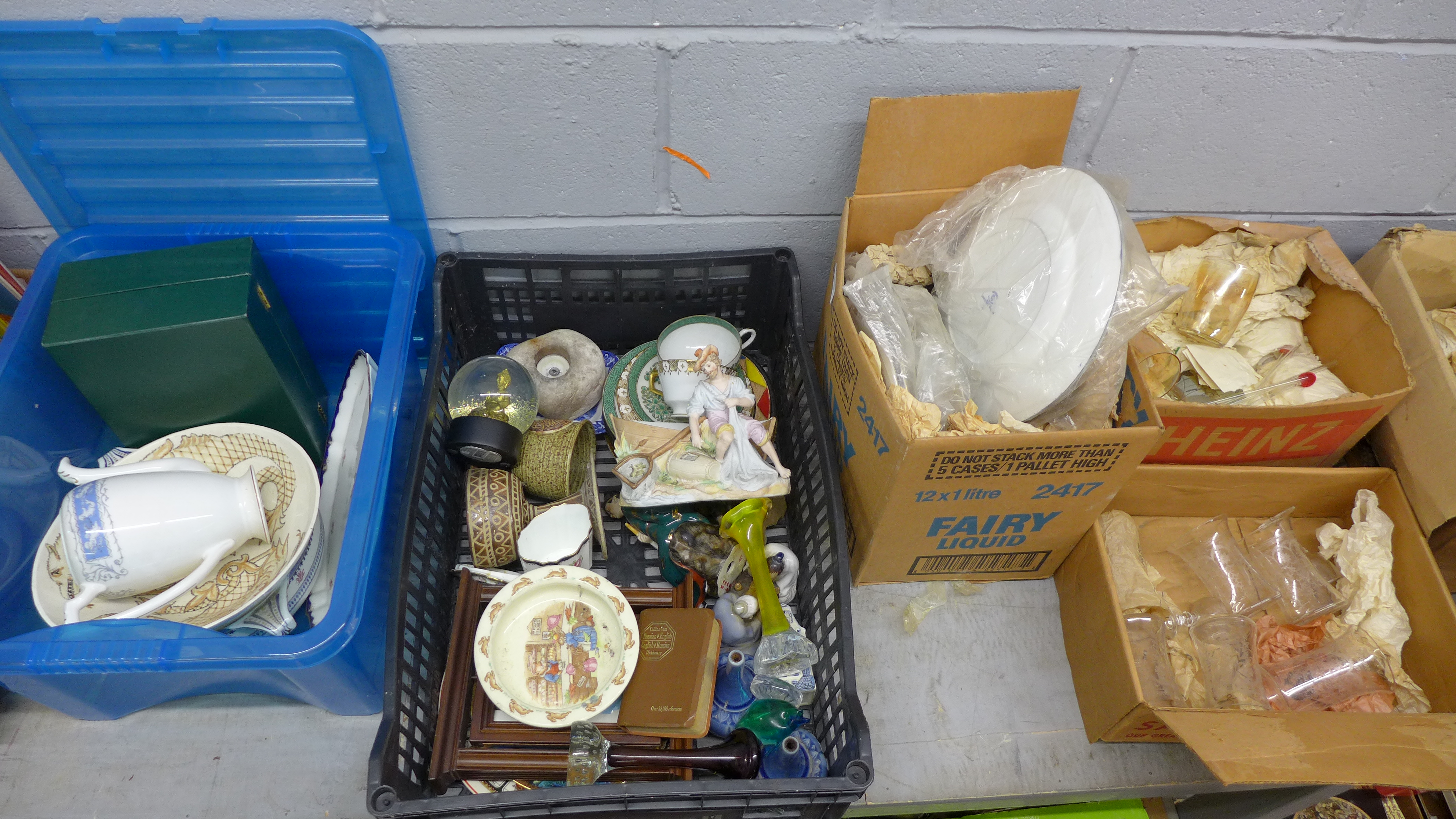 Seven boxes of mixed china and glass including etched glasses, Edwardian part tea sets, figures,