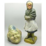 A Policeman's head money box and a figure of a lady, lady a/f, both probably Bretby