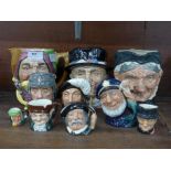 Three large and seven smaller Royal Doulton character jugs, largest are Touchstone, Beefeater and