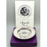 A silver 'Armada' dish by Richard Comyns, retailed by Asprey, boxed, with inscription dated 1984,