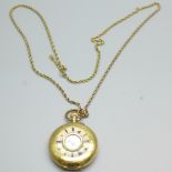 A 14ct gold half-hunter fob watch on a 9ct gold chain, chain 9.6g, (total weight with chain 40.3g,