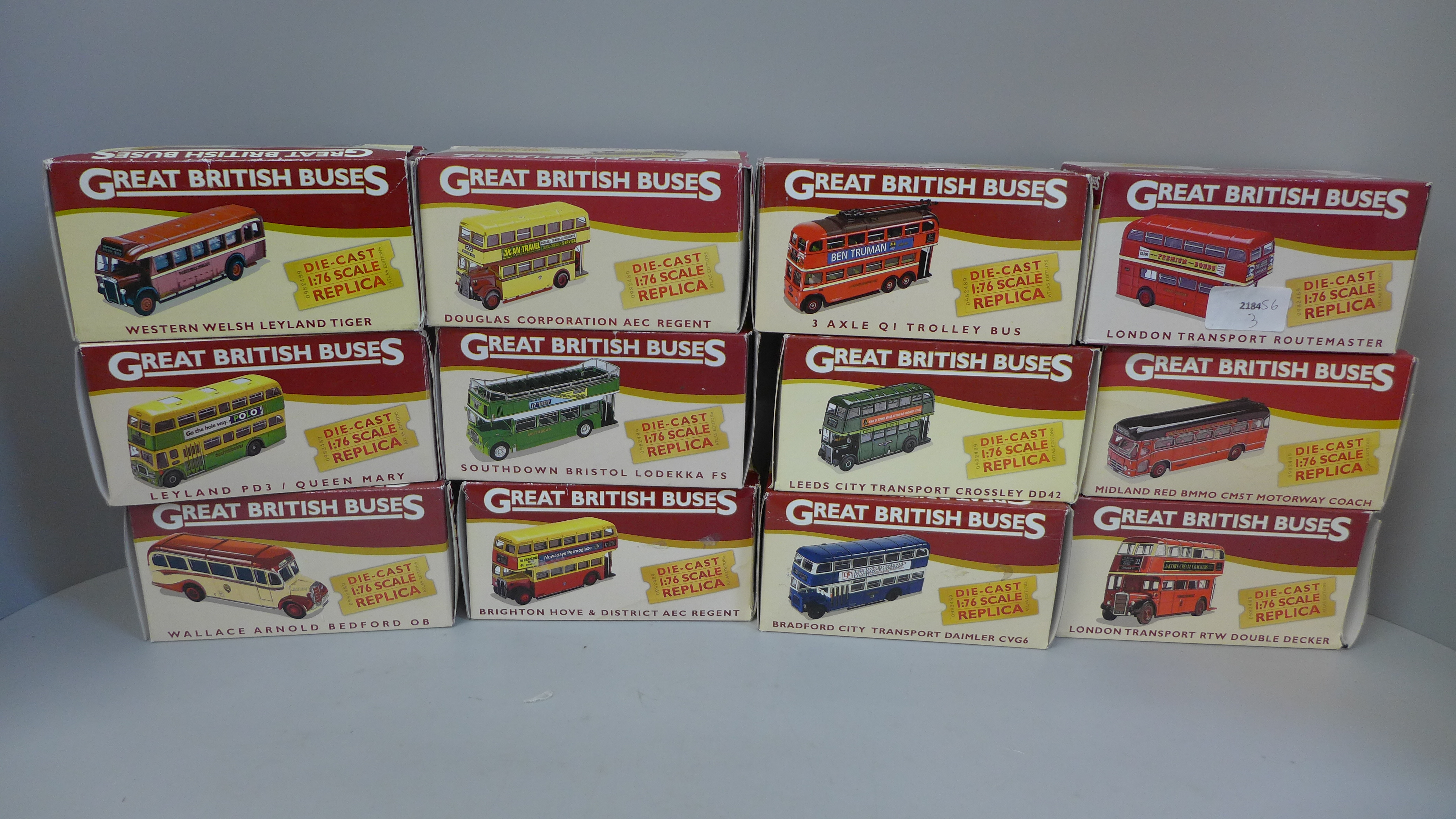 Atlas Editions set of twelve 1:76 scale replica model buses, boxed