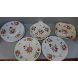 Six 18th/19th Century cabinet plates with hand painted bouquets of flowers and two similar dishes