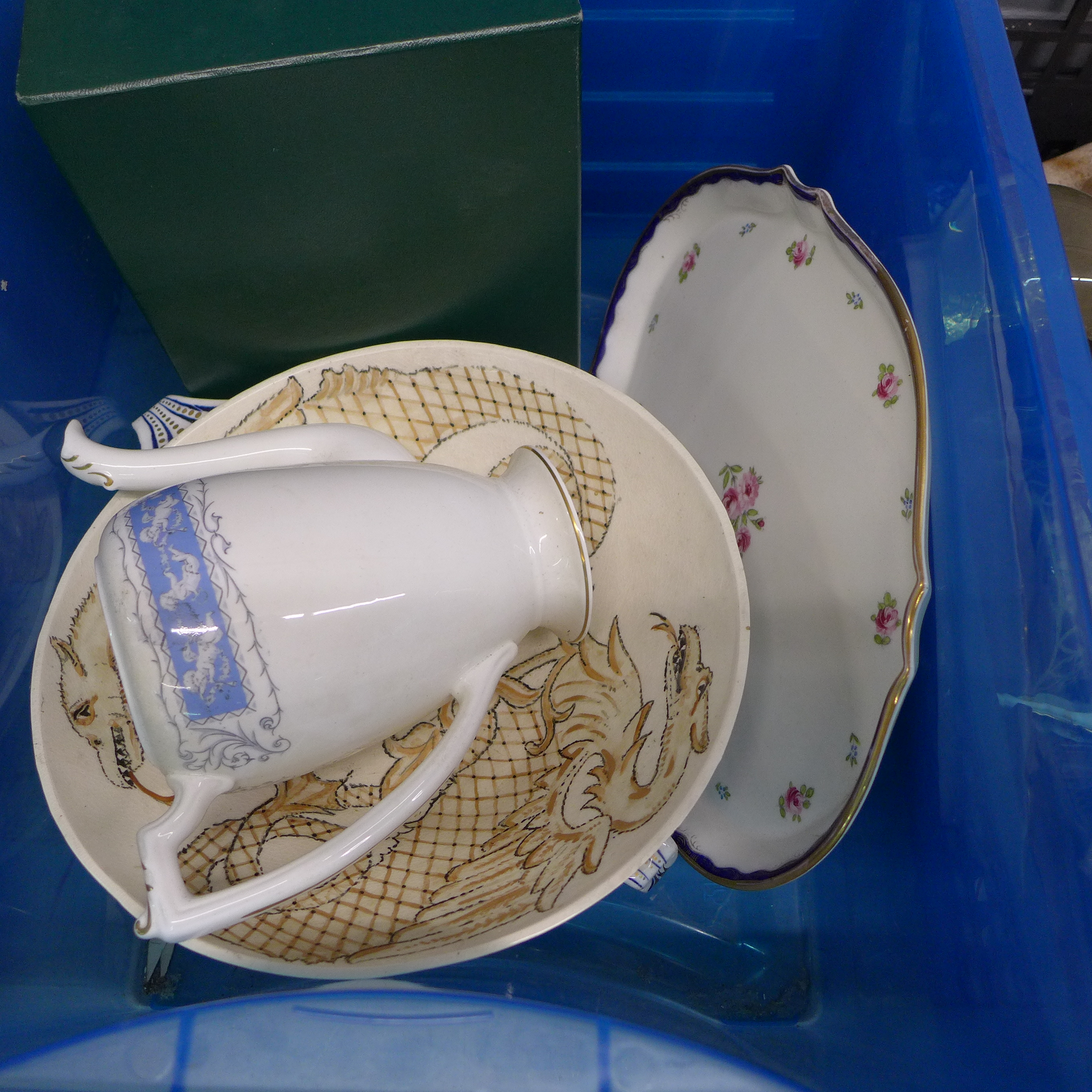 Seven boxes of mixed china and glass including etched glasses, Edwardian part tea sets, figures, - Image 3 of 4