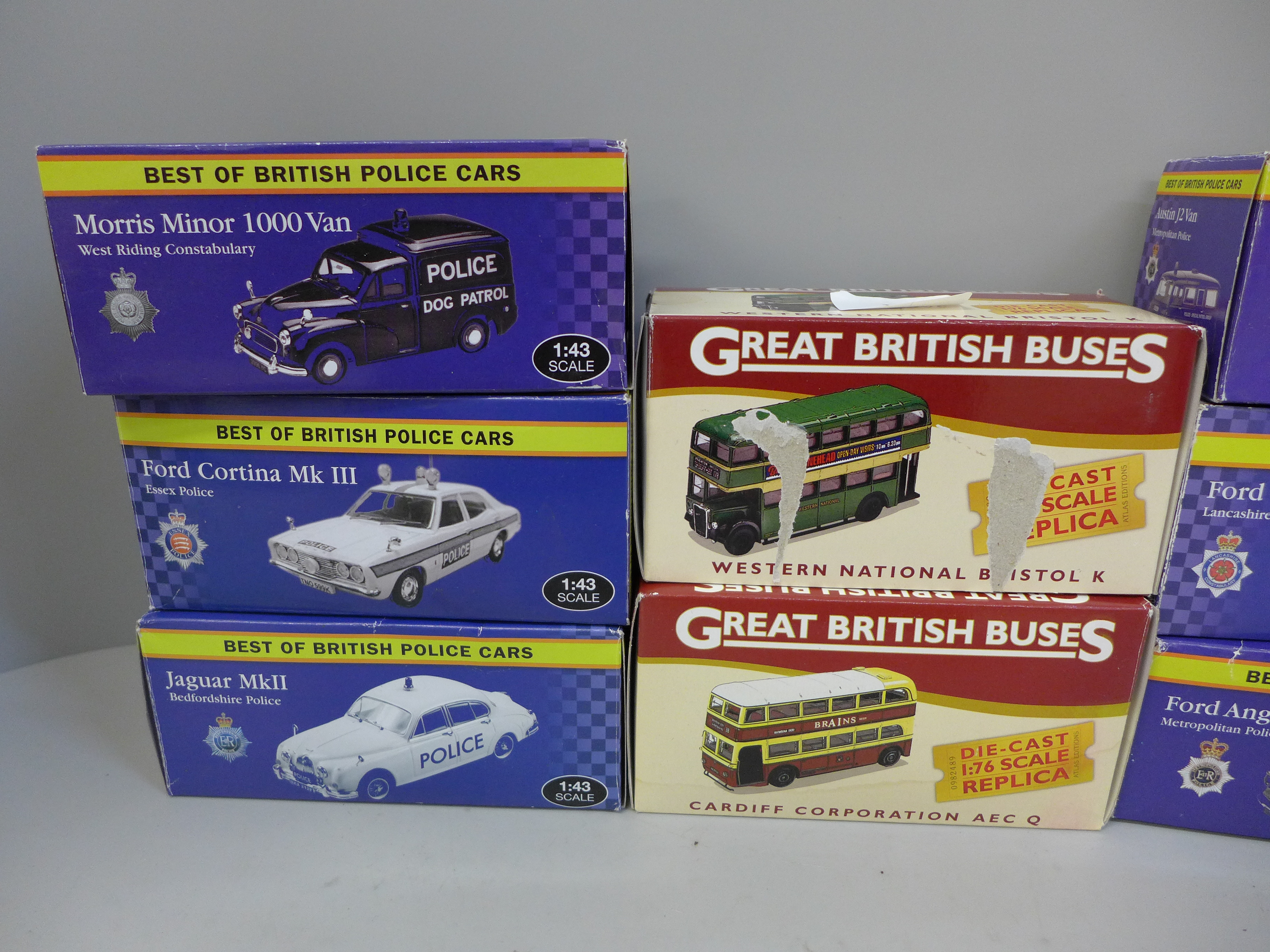 Three Atlas Editions 1:76 scale replica model buses, boxed and seven Best of British Police cars, - Image 2 of 3