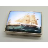 A 925 silver snuff box with enamel plaque to the lid, decorated with a tall masted ship, 55mm wide