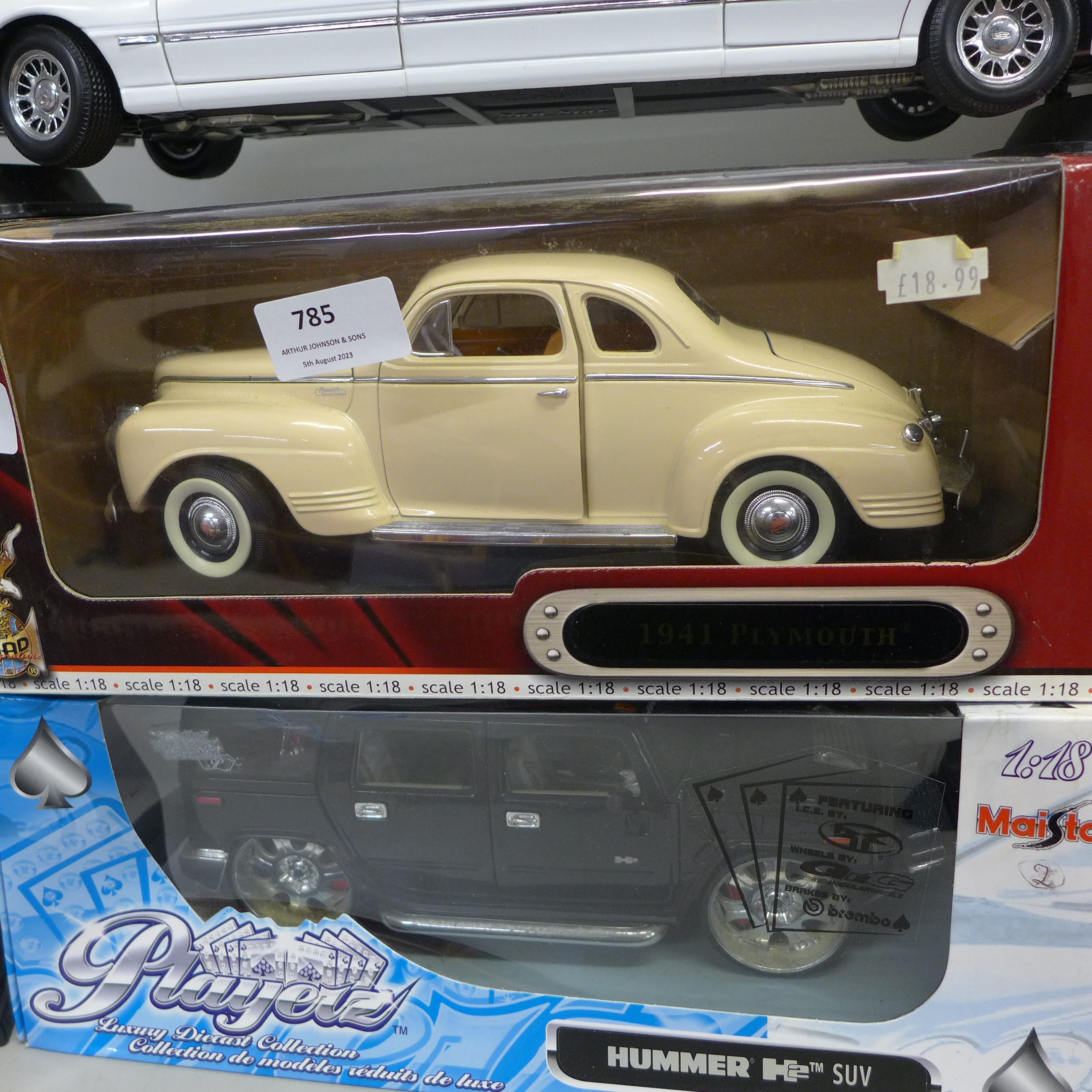 Four 1/18th scale model vehicles, Maisto Hummer SUV, Signature 1941 Plymouth, Maisto Pink Cadillac - Image 3 of 3