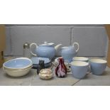 Wedgwood Summer Sky teaware, (tea pot a/f), a glass jug, a trinket pot, a carved bear, etc. **PLEASE