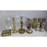 Three glass decanters, plated items, barleytwist candlesticks, brass candlesticks, etc. **PLEASE