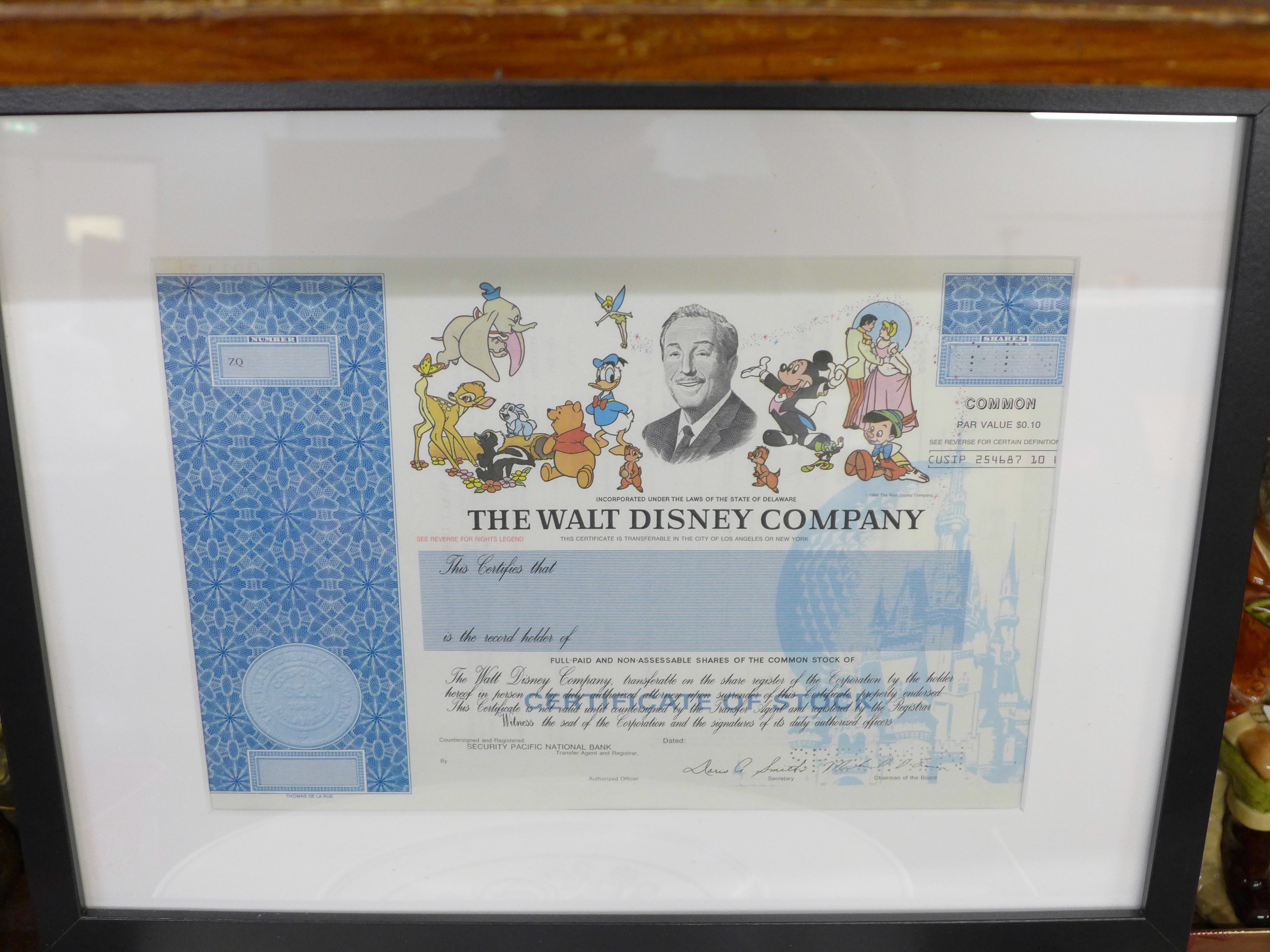 A Walt Disney specimen stock certificate, NYSE, framed