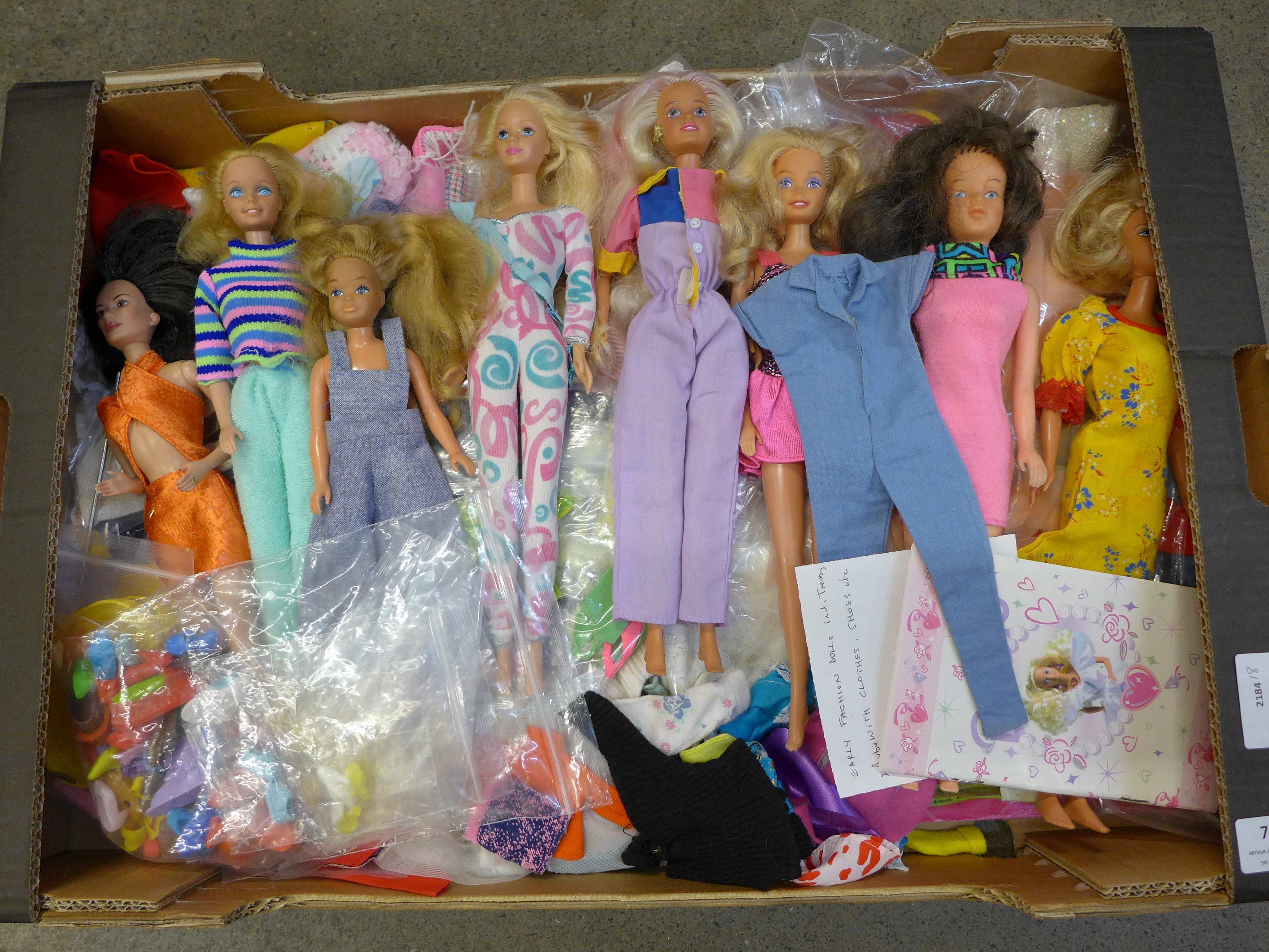 Barbie and other fashion dolls with clothes, shoes, etc., 1960s to 1980s