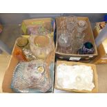 Four boxes of mixed glassware including cut glass, lead crystal, claret jug, vases, decanter,