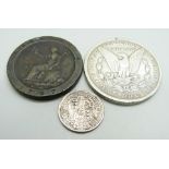 A US silver dollar coin, 1899, San Francisco mint, a George III silver coin, 1817, and a cartwheel