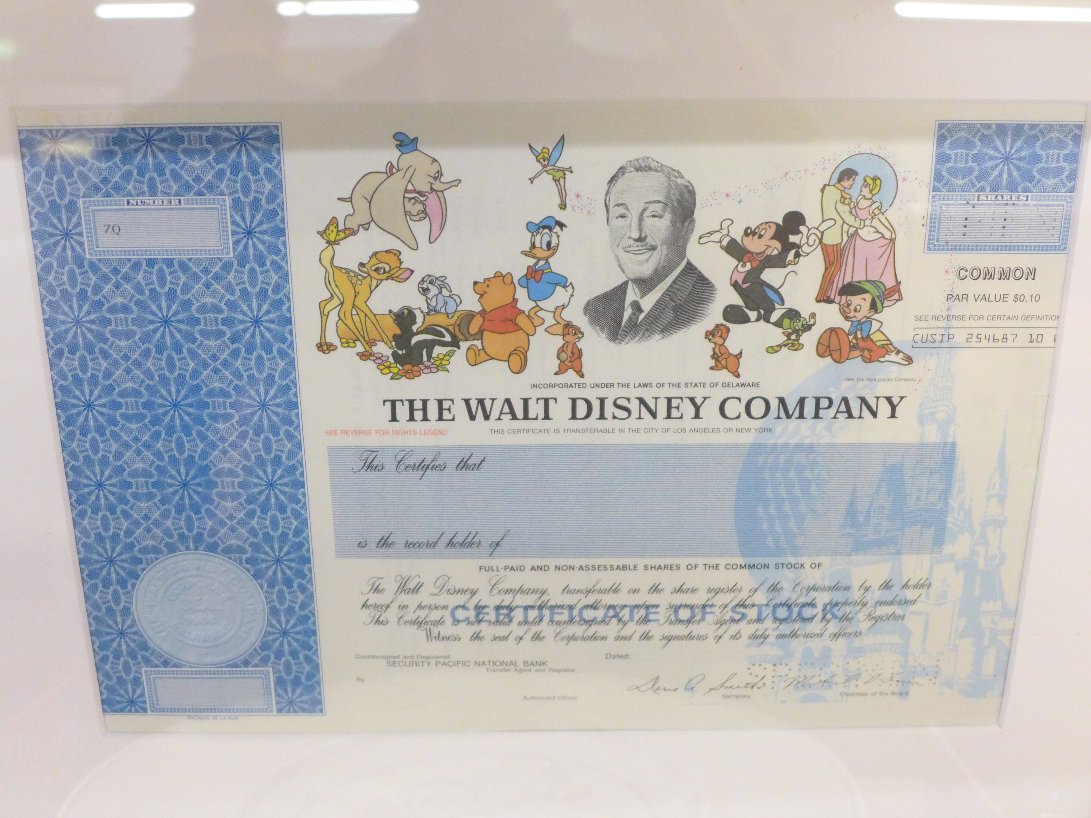 A Walt Disney specimen stock certificate, NYSE, framed - Image 2 of 2