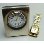 A silver framed clock by Carr and a lady's Seiko wristwatch
