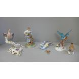 A Dresden figure and a Royal Crown Derby bird figure group, a/f, Kingfisher, etc.