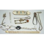 Assorted items including chains, button hook, propelling pencil, abalone case, etc.