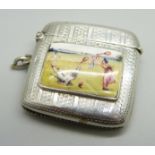 A silver vesta case with applied plaque with tennis scene, engine turned case, Birmingham 1906, 35g
