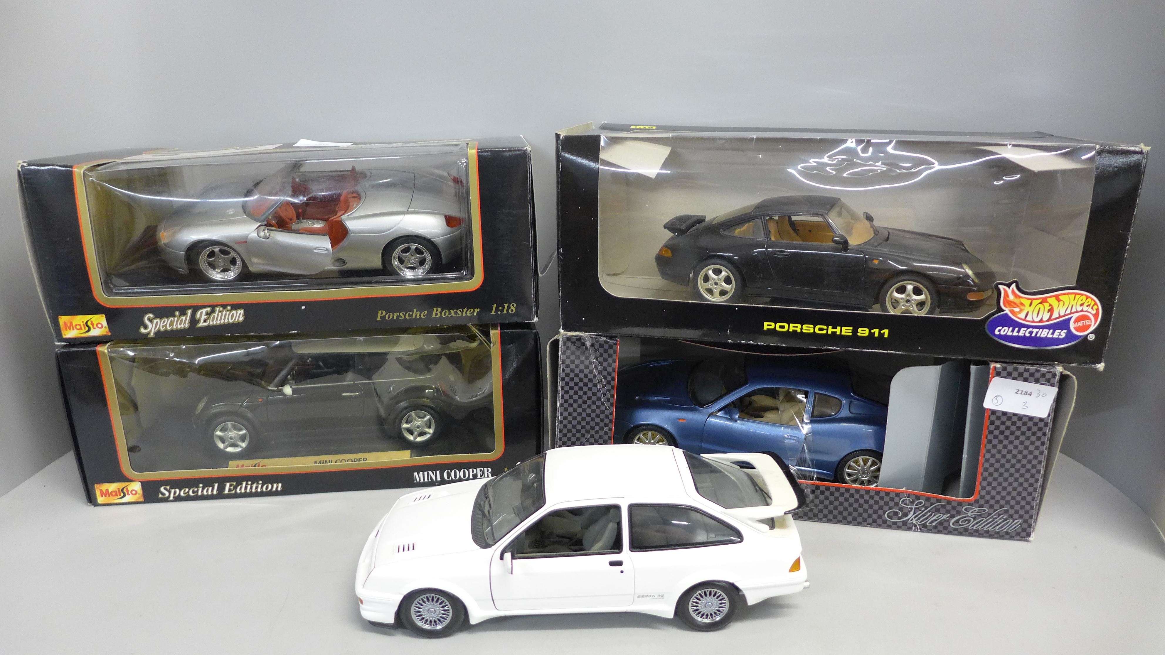 Five 1/18th scale model vehicles, Maisto Porsche Boxsley Hot Wheels Porsche 911, Maisto Mini