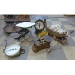 Two sets of vintage Salter scales, two other sets and a small vintage seed sower
