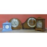 A Bentima 8-day mantel clock, two other mantel clocks and a Wedgwood Jasperware clock