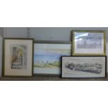 Patricia Ellis, Cornish Steps, watercolour and three other watercolours, all framed