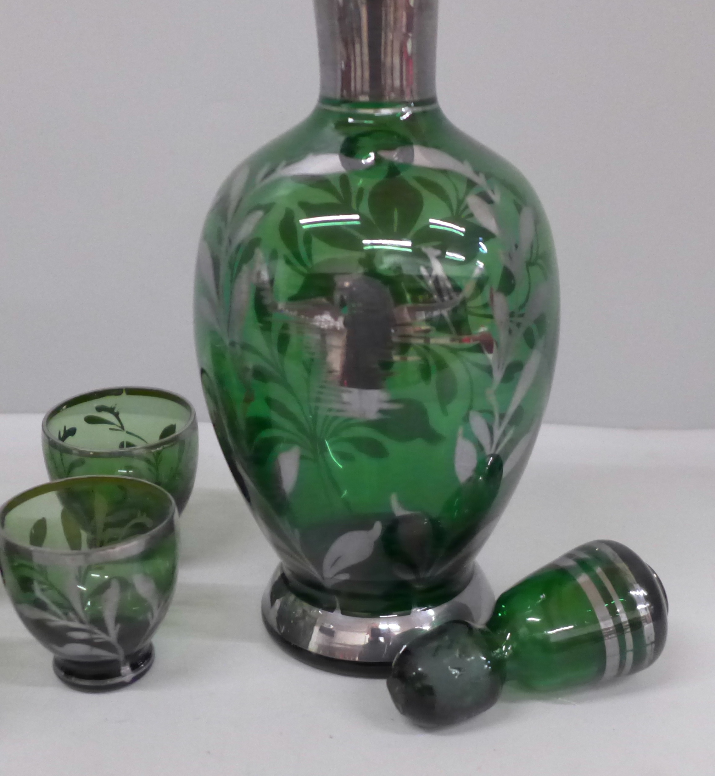 A liqueur set; silver overlay green glass decanter and six glasses - Image 3 of 3