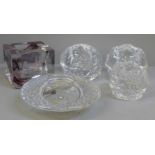 Five Swedish glass candle holders by Kosta Boda (4) and Orrefors (1)
