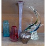Five pieces of art glass, a Murano style fish, Whitefriars tapered ruby cased vase (9464),